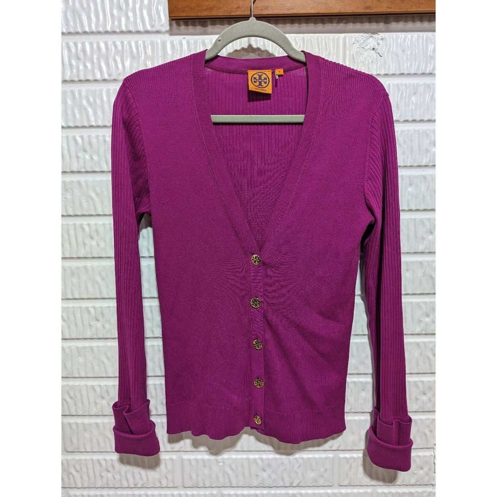 Tory Burch Women's Fuchsia Cotton V-Neck Ribbed Knit Cardigan Size Medium